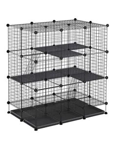 PawHut 3 Level DIY Pet Playpen Metal Small Animal Cage Rabbit Ferret Chinchillas Cage 4 Doors Bottom Trays Black