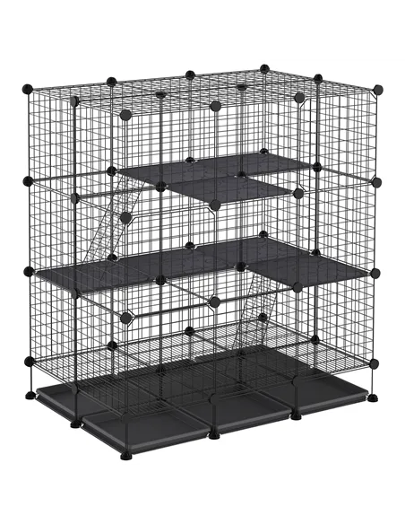 PawHut 3 Level DIY Pet Playpen Metal Small Animal Cage Rabbit Ferret Chinchillas Cage 4 Doors Bottom Trays Black