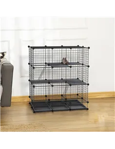 PawHut 3 Level DIY Pet Playpen Metal Small Animal Cage Rabbit Ferret Chinchillas Cage 4 Doors Bottom Trays Black 2
