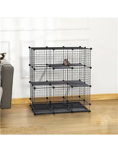PawHut 3 Level DIY Pet Playpen Metal Small Animal Cage Rabbit Ferret Chinchillas Cage 4 Doors Bottom Trays Black