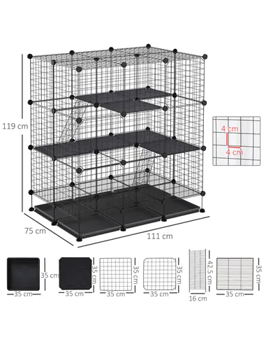 PawHut 3 Level DIY Pet Playpen Metal Small Animal Cage Rabbit Ferret Chinchillas Cage 4 Doors Bottom Trays Black