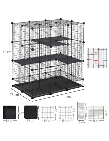 PawHut 3 Level DIY Pet Playpen Metal Small Animal Cage Rabbit Ferret Chinchillas Cage 4 Doors Bottom Trays Black