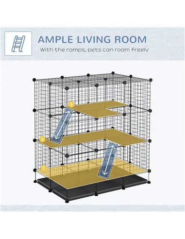 PawHut 3 Level DIY Pet Playpen Metal Small Animal Cage Rabbit Ferret Chinchillas Cage 4 Doors Bottom Trays Black