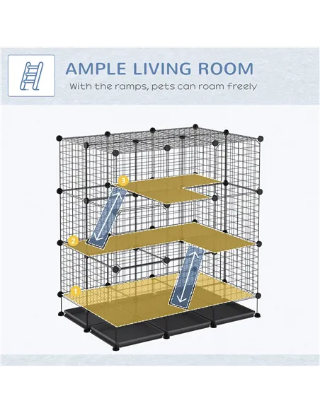 PawHut 3 Level DIY Pet Playpen Metal Small Animal Cage Rabbit Ferret Chinchillas Cage 4 Doors Bottom Trays Black