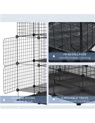 PawHut 3 Level DIY Pet Playpen Metal Small Animal Cage Rabbit Ferret Chinchillas Cage 4 Doors Bottom Trays Black