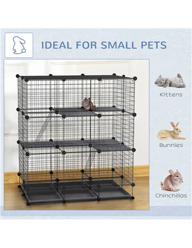 PawHut 3 Level DIY Pet Playpen Metal Small Animal Cage Rabbit Ferret Chinchillas Cage 4 Doors Bottom Trays Black