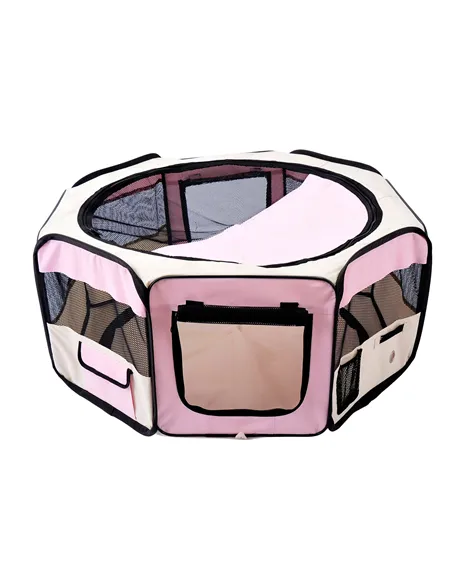 PawHut Portable Cat Dog Playpen Pet Puppy Rabbit Guinea Pig Pen Run Dia 90 x 41H cm Indoor & Outdoor Pink