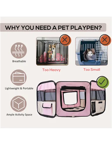 PawHut Portable Cat Dog Playpen Pet Puppy Rabbit Guinea Pig Pen Run Dia 90 x 41H cm Indoor & Outdoor Pink