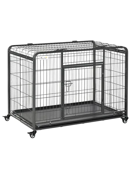 PawHut Metal Dog Cage Kennel Locking Door & Wheels Removable Tray Openable Top For Large Pets 109.5 x 71 x 78 cm