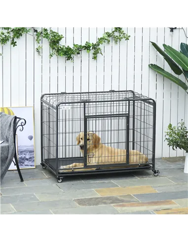 PawHut Metal Dog Cage Kennel Locking Door & Wheels Removable Tray Openable Top For Large Pets 109.5 x 71 x 78 cm