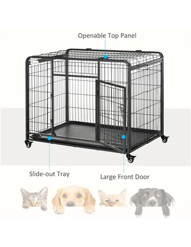 PawHut Metal Dog Cage Kennel Locking Door & Wheels Removable Tray Openable Top For Large Pets 109.5 x 71 x 78 cm