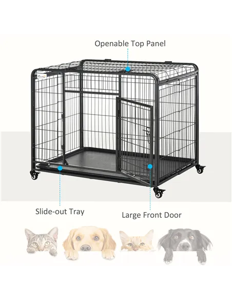 PawHut Metal Dog Cage Kennel Locking Door & Wheels Removable Tray Openable Top For Large Pets 109.5 x 71 x 78 cm