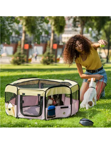 PawHut Fabric Pet Whelping Box Dog Cat Puppy Playpen Rabbit Guinea Pig Play Pen in Pink With Carry Bag Small Dia 90 x 41Hcm