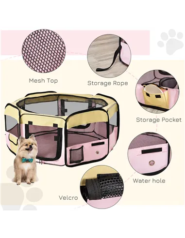 PawHut Fabric Pet Whelping Box Dog Cat Puppy Playpen Rabbit Guinea Pig Play Pen in Pink With Carry Bag Small Dia 90 x 41Hcm