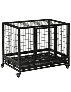 PawHut 36" Heavy Duty Metal Dog Crate Pet Cage with Tray Wheeled Dog Kennel - Black (Medium)