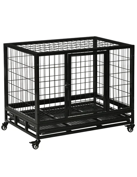 PawHut 36" Heavy Duty Metal Dog Crate Pet Cage with Tray Wheeled Dog Kennel - Black (Medium)