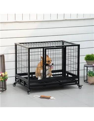 PawHut 36" Heavy Duty Metal Dog Crate Pet Cage with Tray Wheeled Dog Kennel - Black (Medium)