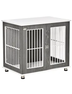 PawHut Dog Crate Wooden Pet Kennel Cage End Table w/ Lockable Door for Small Medium Dog Grey & White 85 x 55 x 75 cm