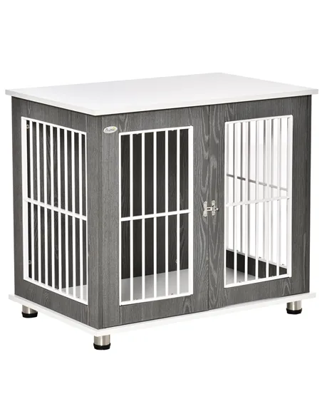 PawHut Dog Crate Wooden Pet Kennel Cage End Table w/ Lockable Door for Small Medium Dog Grey & White 85 x 55 x 75 cm