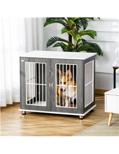 PawHut Dog Crate Wooden Pet Kennel Cage End Table w/ Lockable Door for Small Medium Dog Grey & White 85 x 55 x 75 cm 2