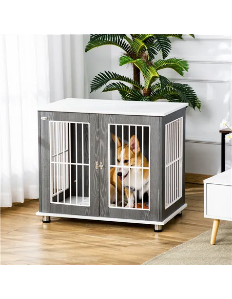 PawHut Dog Crate Wooden Pet Kennel Cage End Table w/ Lockable Door for Small Medium Dog Grey & White 85 x 55 x 75 cm