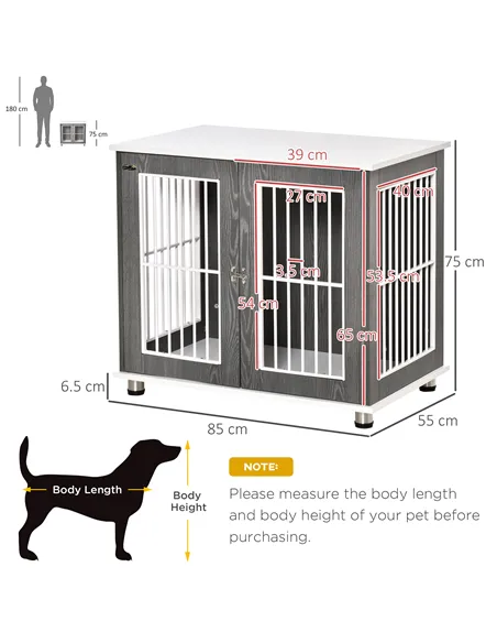 PawHut Dog Crate Wooden Pet Kennel Cage End Table w/ Lockable Door for Small Medium Dog Grey & White 85 x 55 x 75 cm