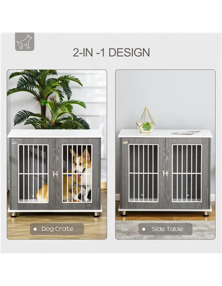 PawHut Dog Crate Wooden Pet Kennel Cage End Table w/ Lockable Door for Small Medium Dog Grey & White 85 x 55 x 75 cm