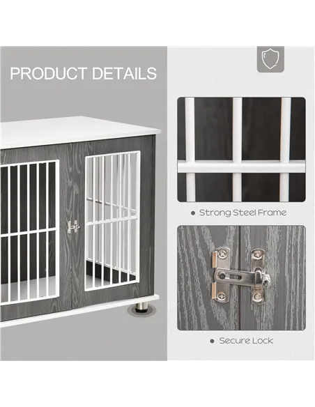PawHut Dog Crate Wooden Pet Kennel Cage End Table w/ Lockable Door for Small Medium Dog Grey & White 85 x 55 x 75 cm