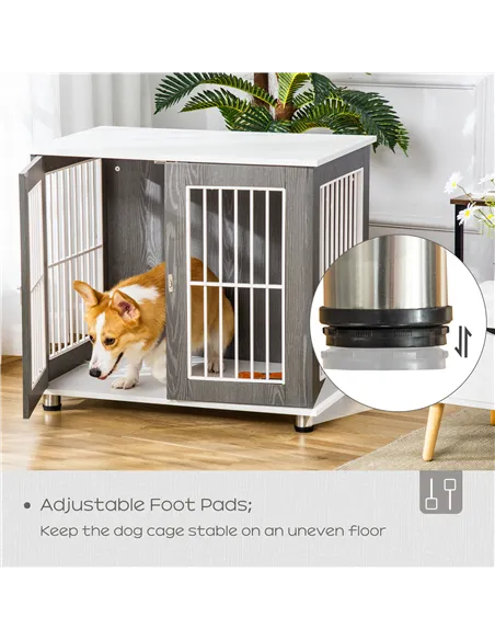 PawHut Dog Crate Wooden Pet Kennel Cage End Table w/ Lockable Door for Small Medium Dog Grey & White 85 x 55 x 75 cm