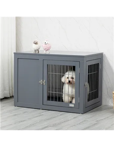 PawHut Furniture Style Dog Crate for Small and Medium Dogs, End Table Pet Cage with Two Lockable Doors - Grey