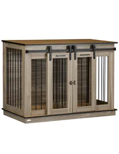 PawHut Dog Crate Furniture for Large Dogs, Double Dog Cage for Small Dogs, with Sliding Doors - Oak Tone