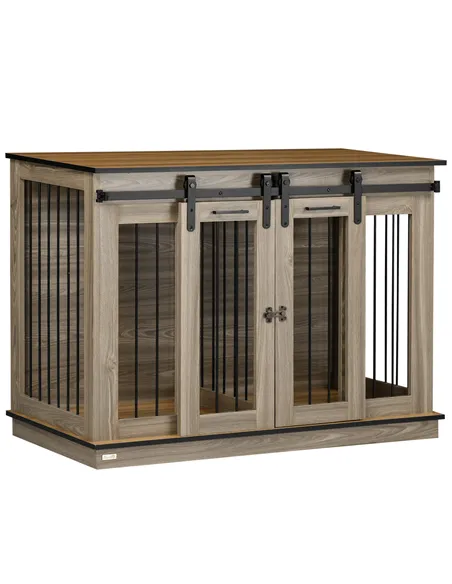 PawHut Dog Crate Furniture for Large Dogs, Double Dog Cage for Small Dogs, with Sliding Doors - Oak Tone