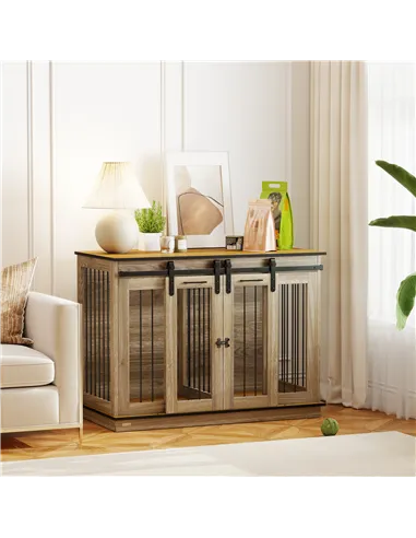 PawHut Dog Crate Furniture for Large Dogs, Double Dog Cage for Small Dogs, with Sliding Doors - Oak Tone