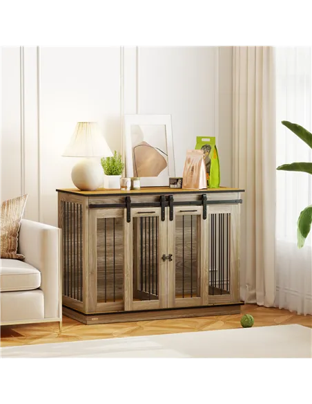 PawHut Dog Crate Furniture for Large Dogs, Double Dog Cage for Small Dogs, with Sliding Doors - Oak Tone