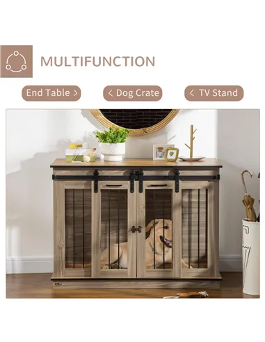 PawHut Dog Crate Furniture for Large Dogs, Double Dog Cage for Small Dogs, with Sliding Doors - Oak Tone