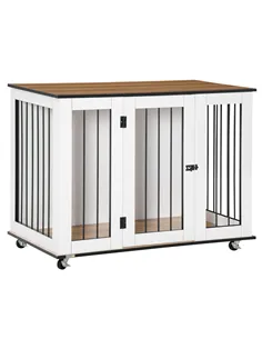 PawHut Dog Crate Furniture, Dog Cage End Table, with Wheels, for Large Dogs, 106 x 60 x 82 cm  - White
