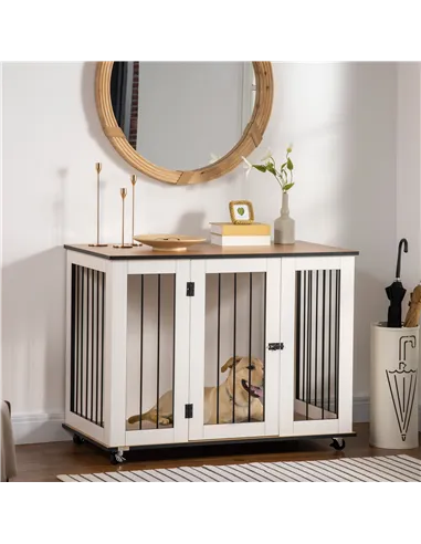 PawHut Dog Crate Furniture, Dog Cage End Table, with Wheels, for Large Dogs, 106 x 60 x 82 cm  - White