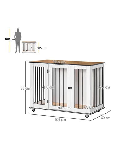 PawHut Dog Crate Furniture, Dog Cage End Table, with Wheels, for Large Dogs, 106 x 60 x 82 cm  - White