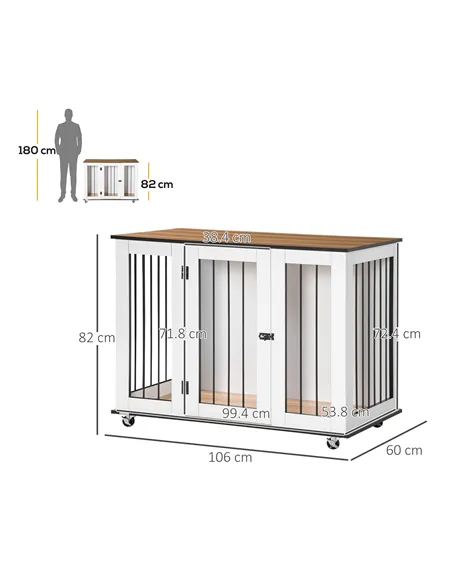PawHut Dog Crate Furniture, Dog Cage End Table, with Wheels, for Large Dogs, 106 x 60 x 82 cm  - White