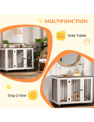 PawHut Dog Crate Furniture, Dog Cage End Table, with Wheels, for Large Dogs, 106 x 60 x 82 cm  - White