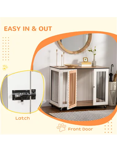 PawHut Dog Crate Furniture, Dog Cage End Table, with Wheels, for Large Dogs, 106 x 60 x 82 cm  - White