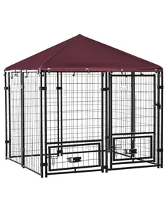 PawHut Outdoor Dog Kennel with Rotating Bowl Holders, Water and UV-Resistant Cover, for Medium, Small Dogs, Red