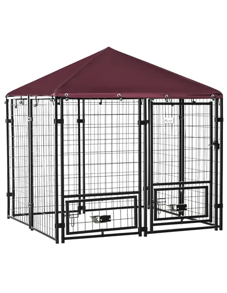 PawHut Outdoor Dog Kennel with Rotating Bowl Holders, Water and UV-Resistant Cover, for Medium, Small Dogs, Red