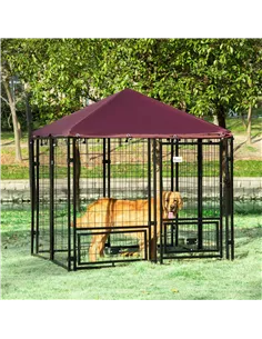 PawHut Outdoor Dog Kennel with Rotating Bowl Holders, Water and UV-Resistant Cover, for Medium, Small Dogs, Red 2