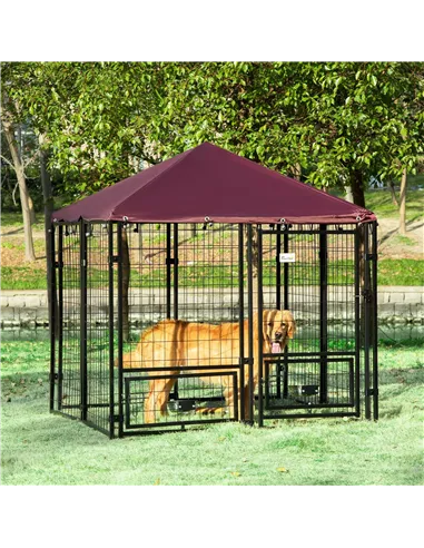 PawHut Outdoor Dog Kennel with Rotating Bowl Holders, Water and UV-Resistant Cover, for Medium, Small Dogs, Red