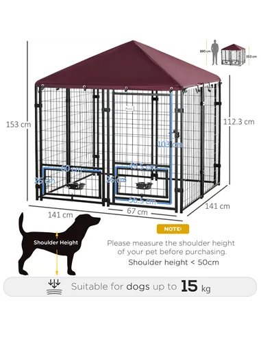 PawHut Outdoor Dog Kennel with Rotating Bowl Holders, Water and UV-Resistant Cover, for Medium, Small Dogs, Red