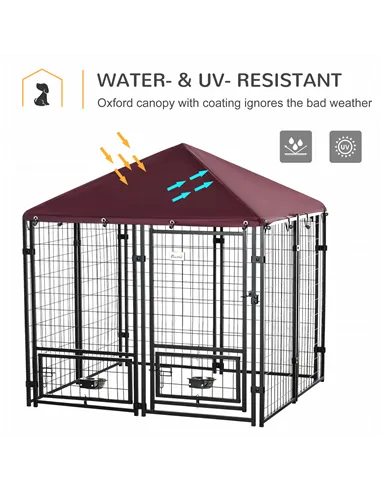 PawHut Outdoor Dog Kennel with Rotating Bowl Holders, Water and UV-Resistant Cover, for Medium, Small Dogs, Red