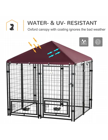 PawHut Outdoor Dog Kennel with Rotating Bowl Holders, Water and UV-Resistant Cover, for Medium, Small Dogs, Red