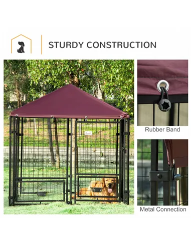 PawHut Outdoor Dog Kennel with Rotating Bowl Holders, Water and UV-Resistant Cover, for Medium, Small Dogs, Red