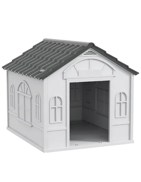PawHut Plastic Weather-Resistant Dog House, for Indoors and Outdoors, Medium Dogs - Grey